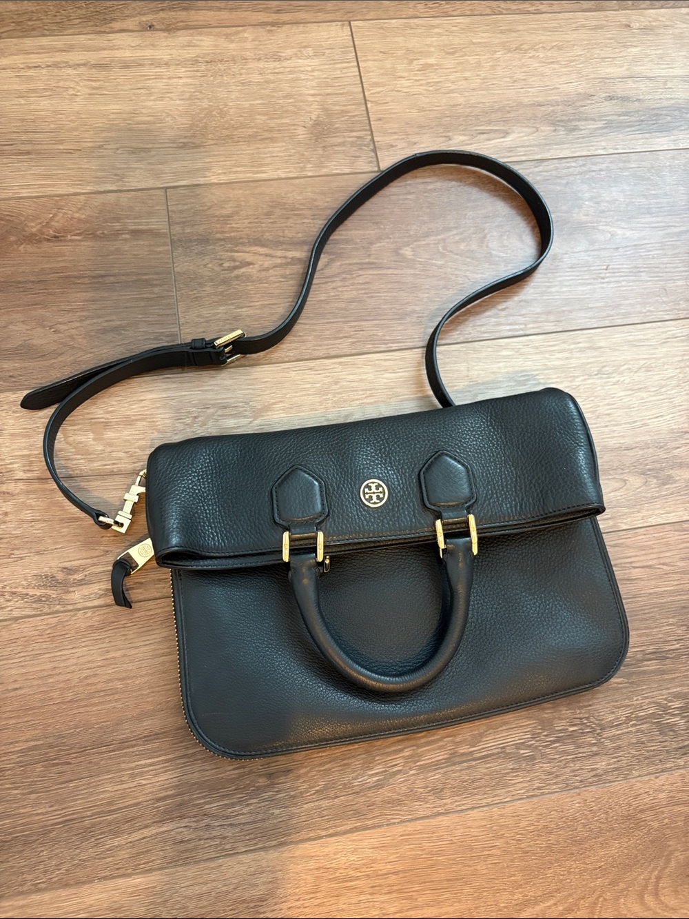 Tory Burch Black Pebbled Leather Satchel Gold Hardware Large Crossbody Zipper